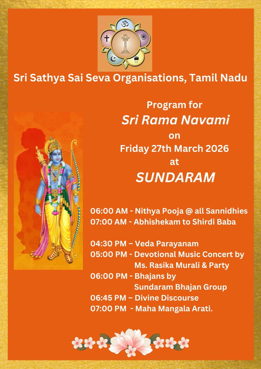 ssssotn's tweet image. Program details for Sri Rama Navami Celebrations at Sundaram, The Divine Abode of our Beloved Sai Rama in Chennai on 27th March 2026 #RamaNavami #SriSathyaSai #Sundaram