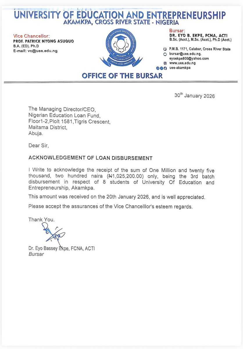 NELFUND's tweet photo. Disbursement Announcement 🔔

The Nigerian Education Loan Fund (NELFUND) is pleased to announce the disbursement of institutional loans to students of the University of Education and Entrepreneurship, Akamkpa for the 2025/2026 Academic Session.

A total of ₦1,025,200 has been disbursed to 8 students as part of the third batch of the Students’ Loan Programme.

This disbursement reflects NELFUND’s continued commitment to supporting access to quality education and ensuring that financial constraints do not hinder the academic aspirations of Nigerian students.

#NELFUNDstudentLoan
