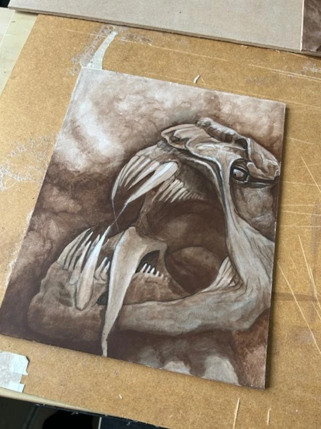 GTArtwork's tweet photo. The start of a new mini painting (a4) . The acrylic underpainting of a ghoul. I first draw this creature as part of a collection of line drawings for a client's bestiary for her fantasy world and couldn't wait to have a go at painting it in acrylics. 

#illustration #horrorart https://t.co/9KkGupQrlR