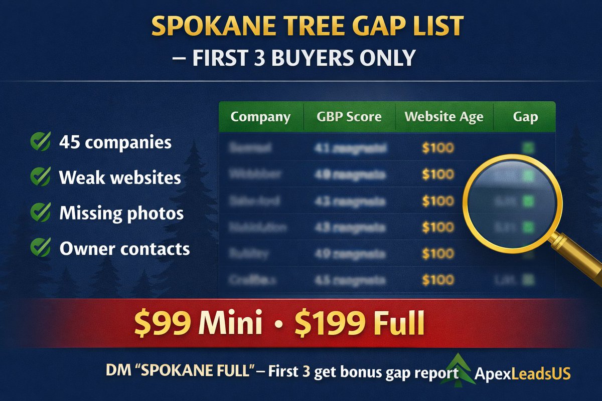ApexLeadsUS's tweet photo. 🚨 First 3 buyers today only:

Spokane Tree Gap List – $99 Mini (20 companies)  
or $199 Full (45 companies + owner phones + full gap notes)

Already helped one local marketer close 3 new clients last week using this exact list.

Same-day delivery. Payment via PayPal / Stripe / Venmo.

DM “SPOKANE FULL” and I’ll send the sample + payment link right away.