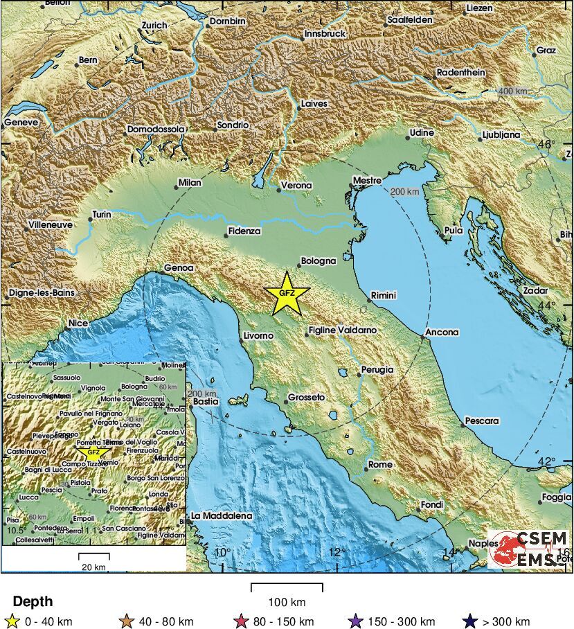 LastQuake's tweet photo. #Earthquake (#terremoto) confirmed by seismic data.⚠Preliminary info: M4.5 || 26 km N of #Prato (#Italy) || 3 min ago (local time 09:40:27). Follow the thread for the updates👇 https://t.co/Y4QO0Y64Qf