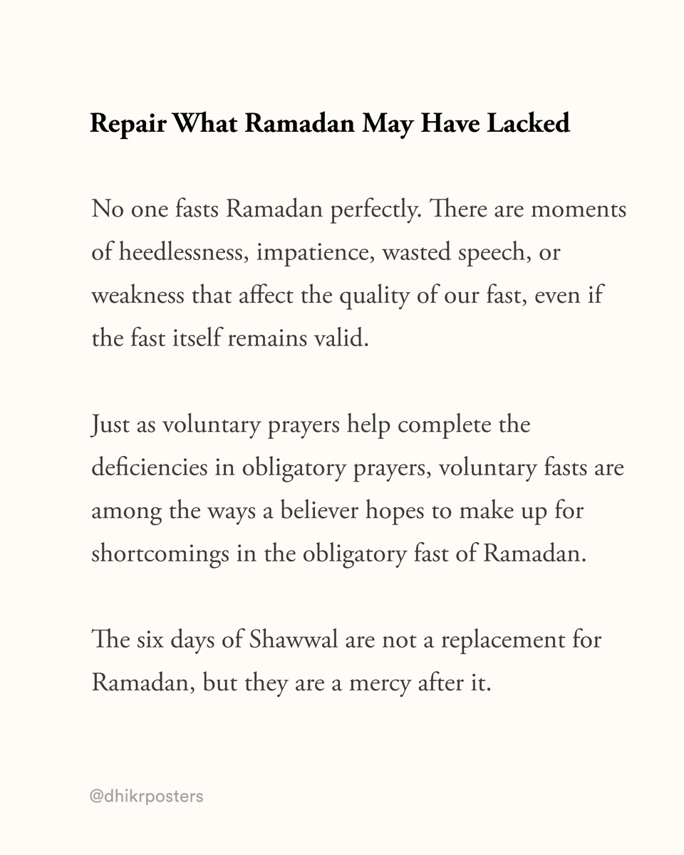 Ramadan changes us, but the real question is: what happens after?

Fasting six days in Shawwal is one of the simplest ways to hold onto what you built - your discipline, your connection, your consistency.
It's not about doing something big.
It's about not letting go completely.