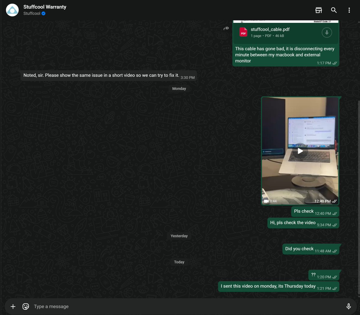 bigfatpassport's tweet photo. @Stuffcool your WhatsApp support does not care to reply/help. 

Barely 25days and the Rs. 1100 cable has gone bad. https://t.co/fXNpmO9ZZW