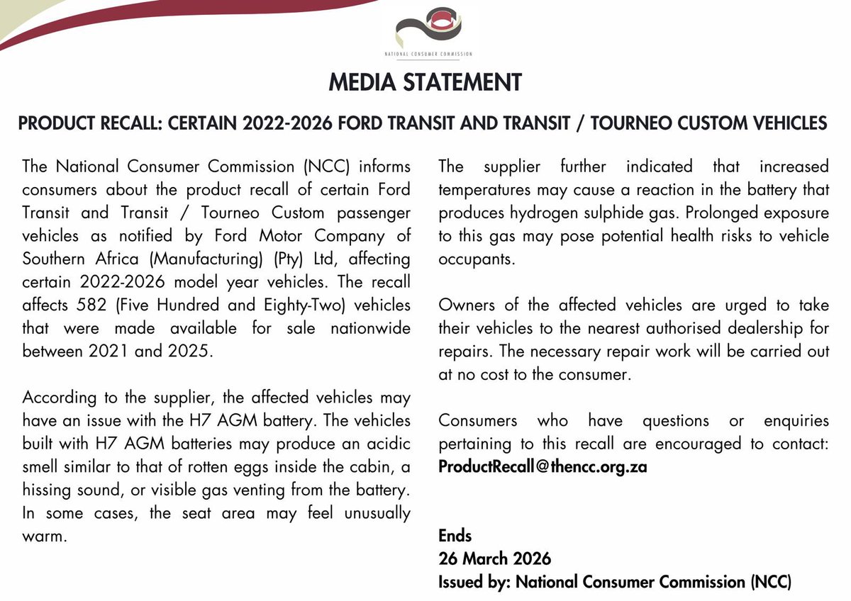 TheNCC_RSA's tweet photo. Product Safety Recall: Ford drivers! A strange smell or hissing sound in your vehicle is not something to ignore. Certain 2022–2026 Ford Transit and Transit/Tourneo Custom vehicles are being recalled due to a  battery defect. Your safety comes first.
@the_dtic @PhethoN https://t.co/l3OTFBXaF7