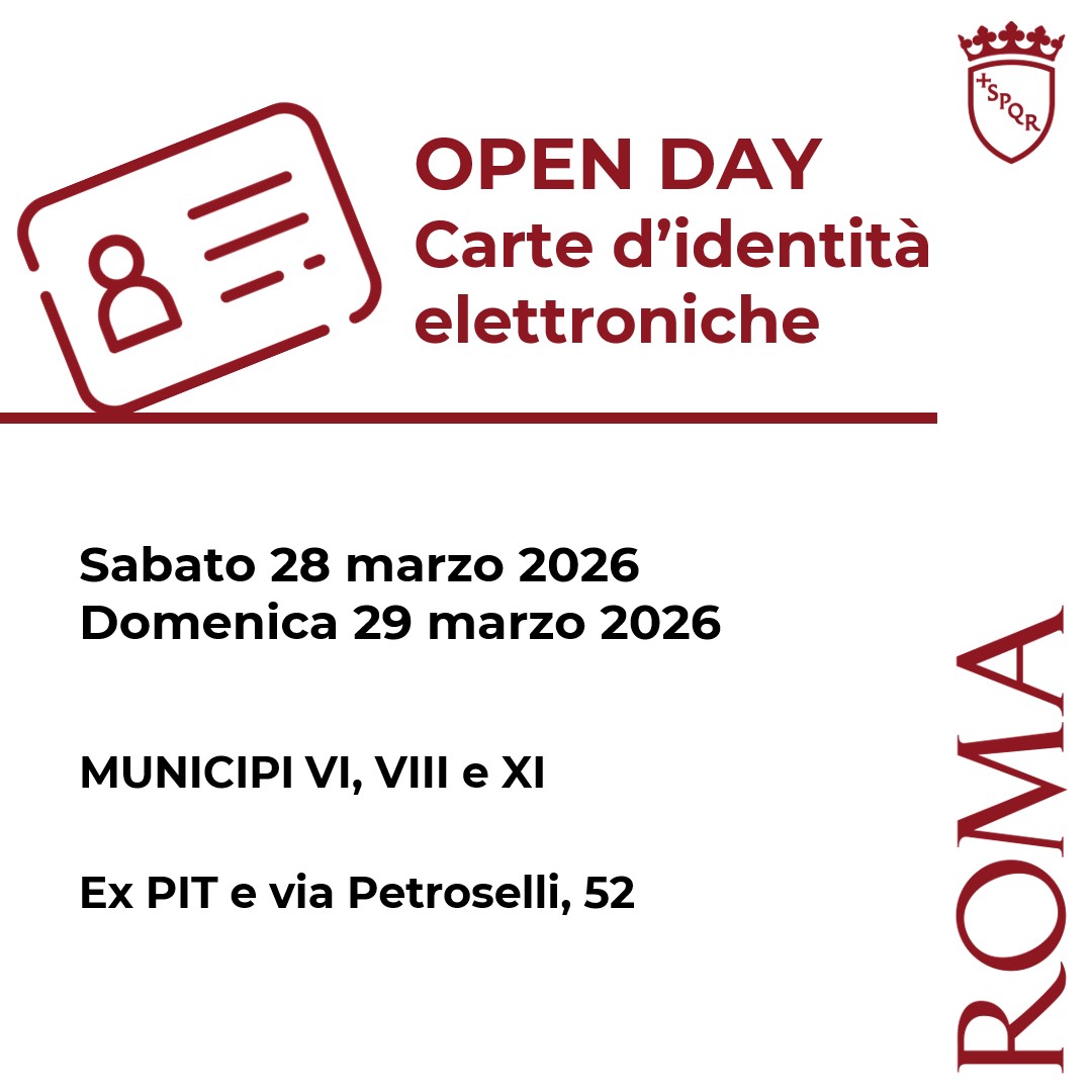 Roma's tweet image. ✅#OpenDay Carta d'identità Elettronica

📌28/03, Municipi VI,VIII e XI, ex PIT, via Petroselli 52.
📌29/03, ex PIT e via Petroselli,52.
 🖥️Prenotazioni da 27/03 ore 9
 
⚠️Priorità per chi è ancora in possesso della carta d'identità cartacea.

Info ➡️tinyurl.com/2p4wx7bm