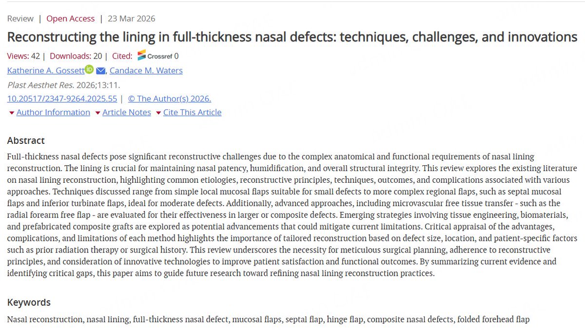 PARjournal's tweet image. 💥Hot-off press
👃🔬How do we reconstruct lining in full-thickness #nasaldefects?
📄Reconstructing the lining in full-thickness nasal defects: techniques, challenges, and innovations
💡Insights to restore function and achieve optimal outcomes #Rhinoplasty
oaepublish.com/articles/2347-…