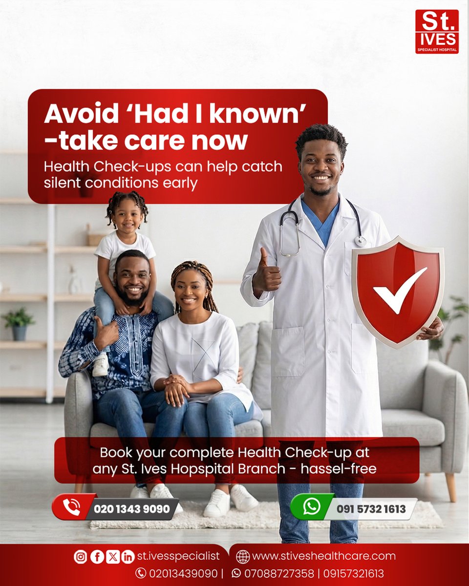 No let “Had I known” be your story 👀

Some health conditions stay silent… until it’s too late.
 Better check now than treat later. ✔️
Our Executive Health Screening Packages make it easy &amp; stress-free 🏥✨
📍 All branches
📞 02013439090

#HealthCheck #PreventiveCare #StIves