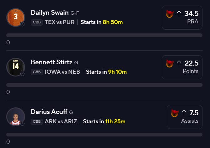 BamFantasy's tweet image. PRIZEPICKS THURSDAY DEMON TIME 👹

MARCH MADNESS PLAYS ➡️ 23X PAYOUT

👹 Dailyn Swain ⬆️ 34.5 PRA
👹 Bennett Stirtz ⬆️ 22.5 Points
👹 Darius Acuff ⬆️ 7.5 Assists

Unlock my BEST plays for tonight 👇
winible.com/checkout/free-…