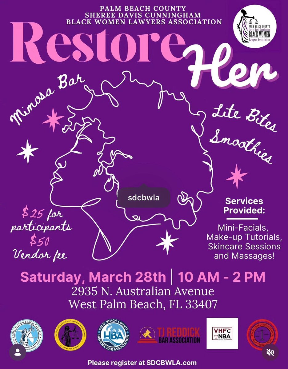 EdrickBarnesLaw's tweet photo. Barnes Law Firm, P.A. is proud to host and sponsor the Palm Beach County Sheree Davis Cunningham Black Women Lawyers Association’s “Restore Her” event at our downtown waterfront offices. Join us for a day of rest, relaxation, rewarding views.  #relax #restore @SDCBWLA https://t.co/3GyNupRhbT