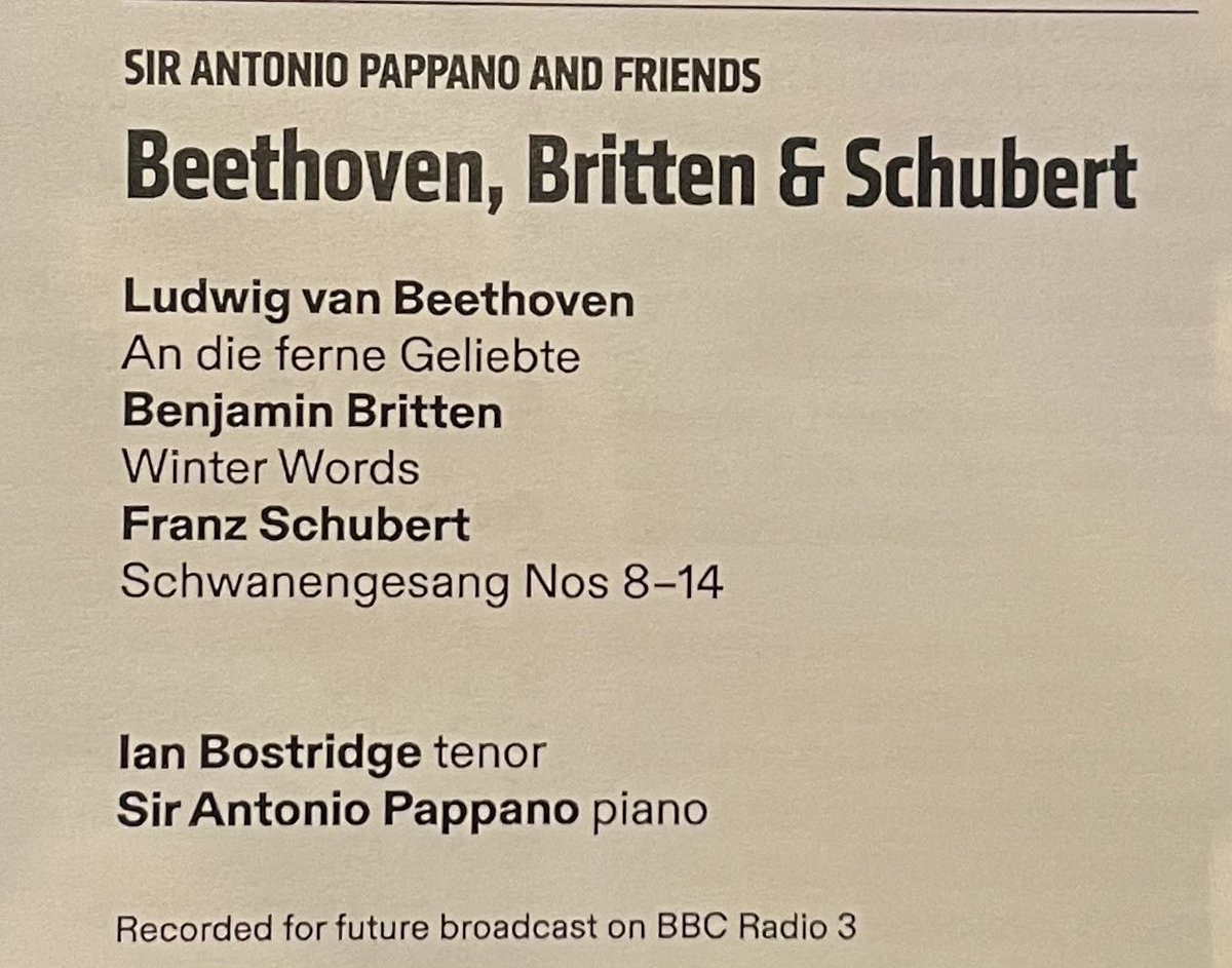 john_earls's tweet photo. Lovely lunchtime concert by lan Bostridge (tenor) and Sir Antonio Pappano (piano) at LSO St Luke’s. Programme of Beethoven, Britten and Schubert (with a Brahms encore). Great combination of artists and songs. https://t.co/q3fV0UfRiC