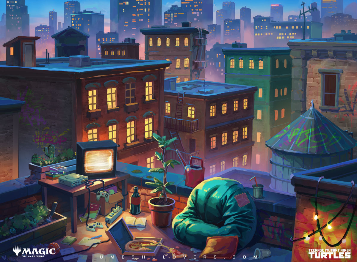 UmeshuLovers's tweet photo. Time for some more Magic The Gathering / TMNT! Here is the one we called "Rooftop", because it depicts... yeah, you guessed it, a rooftop. But it seems that it was recently visited by at least one of our favorite turtles, which suddenly makes it way more interesting, right? 🍕🐢 https://t.co/UNfJ8Jmxlt