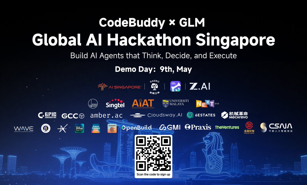 Agents don’t learn by watching.

They learn by building.

CodeBuddy × GLM — Global AI Hackathon Singapore 🇸🇬

Build. Ship. See what actually breaks.

$1,000+ prizes + mentorship.

Apply by April 20th.