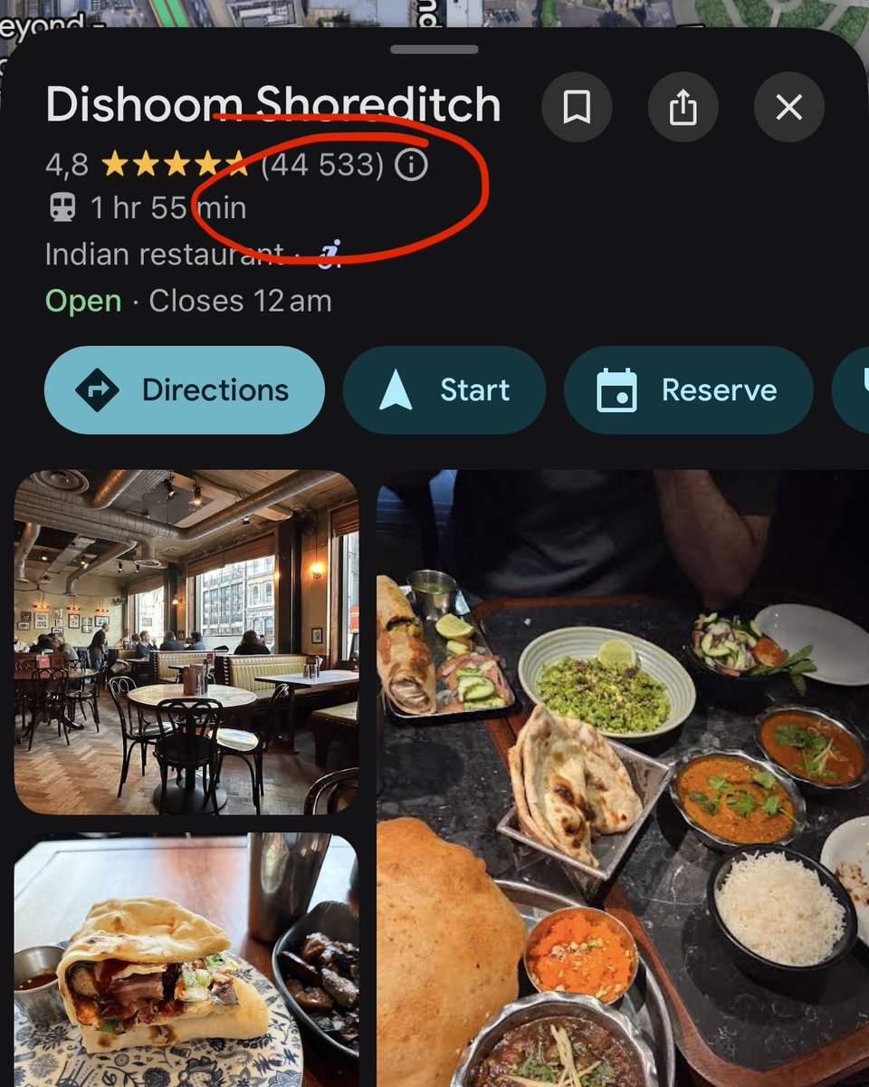 yarotsyhanenko's tweet photo. I've just learned how Dishoom got to 44,000+ reviews with a 4.8 rating. And the trick isn't the food.  

I mean, the food is great too. But when a restaurant has the same number of reviews as Westminster Abbey, about half of Big Ben, and a higher rating than both, you start wondering how they managed to pull that off.  

So I visited one of their locations and it became pretty clear.  They use qr payment at the table. No waiting for the bill, no chasing staff, you just pay and leave. But what happens next is where it gets interesting.  

Right after payment, they ask you to rate your experience inside their own flow. And based on that input, they decide what happens next. If you give 5 stars, you're directed to Google to leave a public review. If you rate it lower, the feedback stays internal.  

As a result - a high volume of highly distilled traffic to Google Maps.  In a world where 50-70% of discovery traffic comes from Google, and even a 0.1 difference in rating can impact revenue, your Google Maps presence becomes something you want to design and influence.  

Of course, the food and the experience have to be great. But for many places, that's already true. They just underperform when it comes to turning that into reviews.  

Design your flow, ask for reviews, and do it smart. That's how you get into the same league as Big Ben.