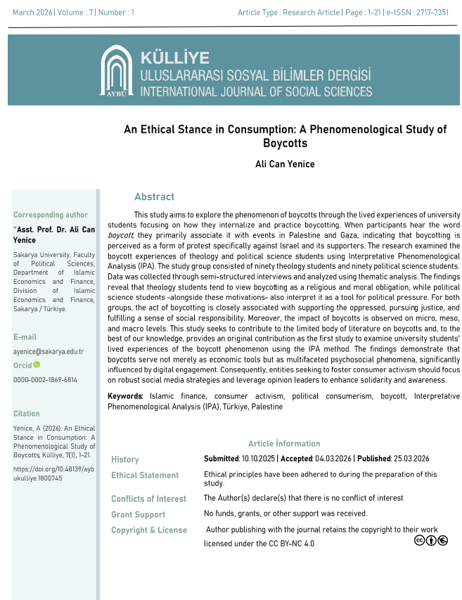 isefam_sau's tweet photo. 📎 Dr. Öğr. Üyesi Ali Can Yenice'nin yazarlığını yaptığı "An Ethical Stance in Consumption: A Phenomenological Study of Boycotts" başlıklı makale yayımlandı. Hocamızı tebrik eder, çalışmalarının devamını dileriz. #trdizin #doaj
Link: https://t.co/du0maiMQDh https://t.co/djozXZufVg