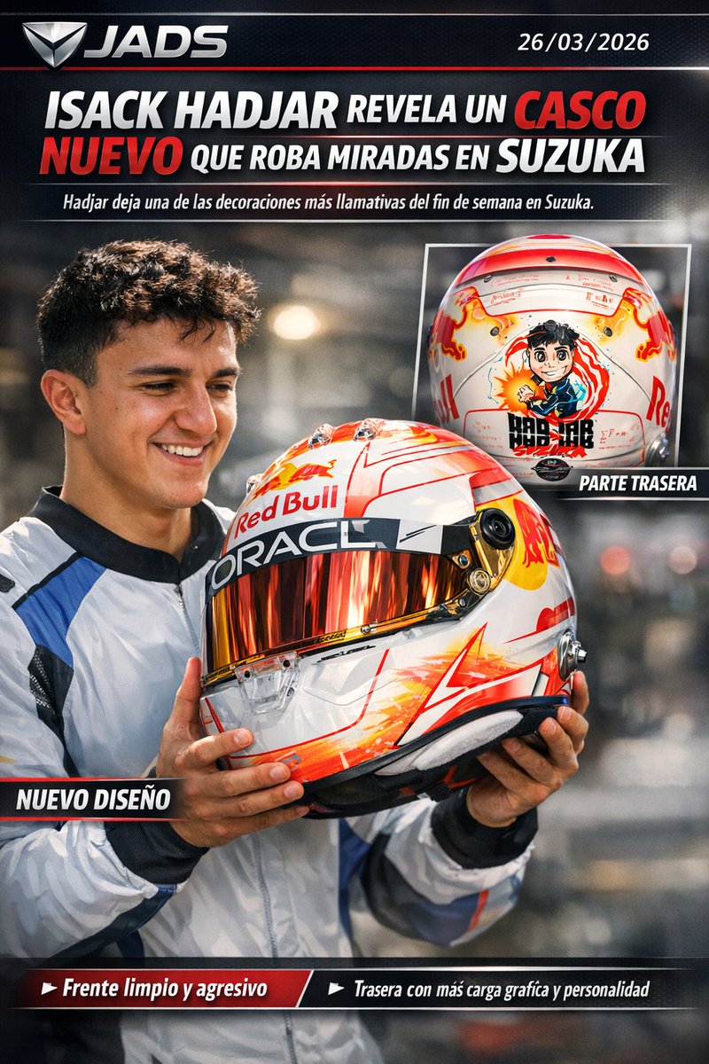26/03/2026 🚨 ISACK HADJAR PRESENTA UN CASCO NUEVO QUE IMPACTA EN SUZUKA

El nuevo casco de Isack Hadjar en Suzuka ya se metió entre las imágenes más llamativas del arranque del GP de Japón 2026. Yo lo veo como un diseño muy bien resuelto: base blanca y roja para conectar de