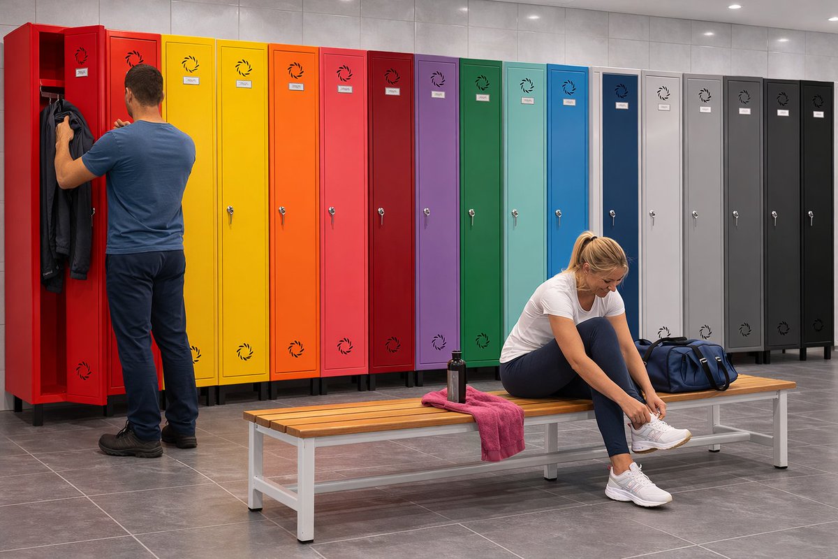 Asturalba's tweet photo. Vestuarios grises en 2026 = oportunidad perdida.

El color también organiza, comunica y mejora la experiencia.

Las taquillas de #Asturalba combinan diseño + resistencia (Epoxy) + 35 años de experiencia.

https://t.co/6dA3IDqaWE https://t.co/x3ArSI31O1