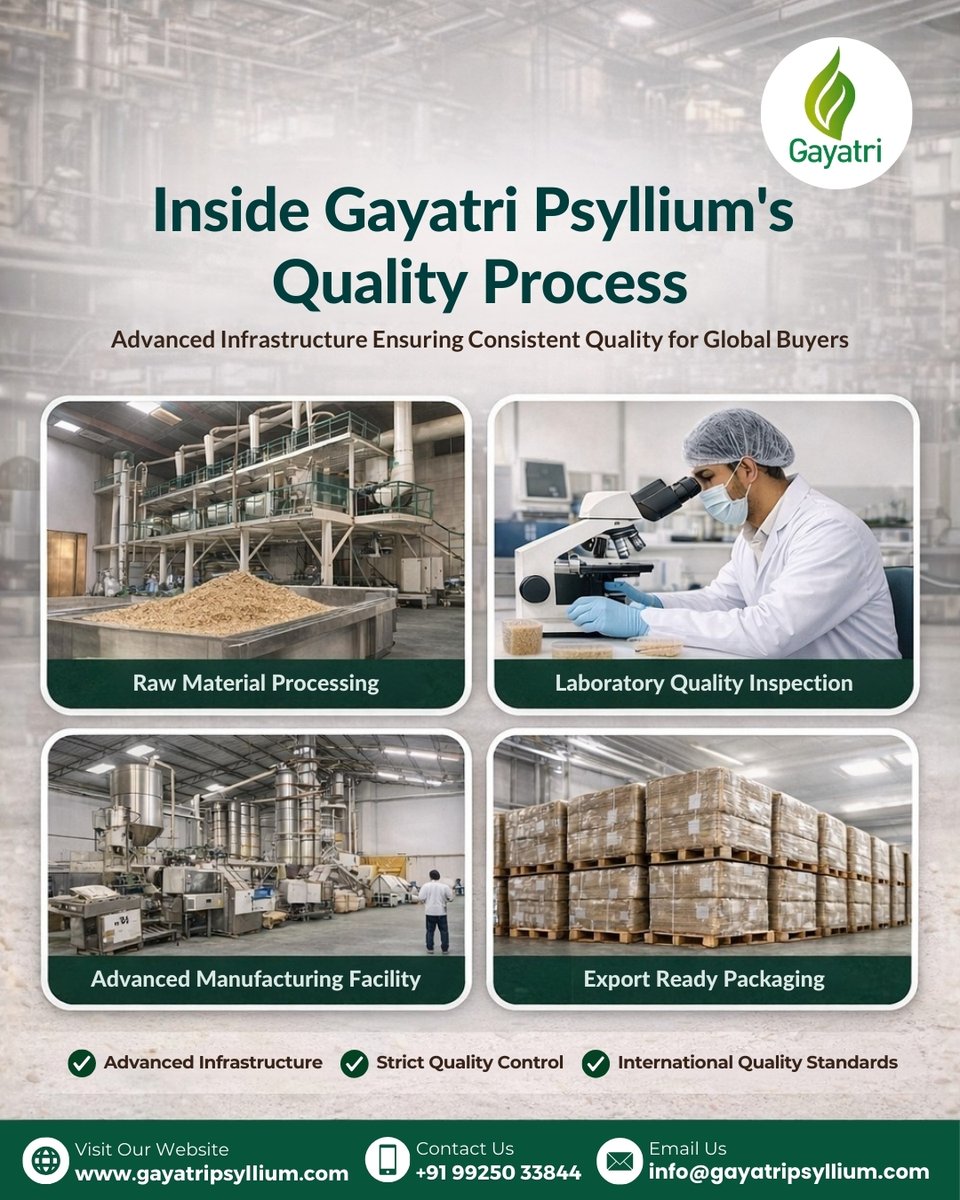 gayatripsyllium's tweet image. Inside Precision. Delivered Globally.
At #GayatriPsyllium, our strength lies in a fully integrated quality ecosystem, where every stage is consistency &amp;amp; compliance.

🌐gayatripsyllium.com/gallery/

#PsylliumExport #PsylliumHusk #PsylliumHuskPowder #QualityAssurance #GlobalSupply