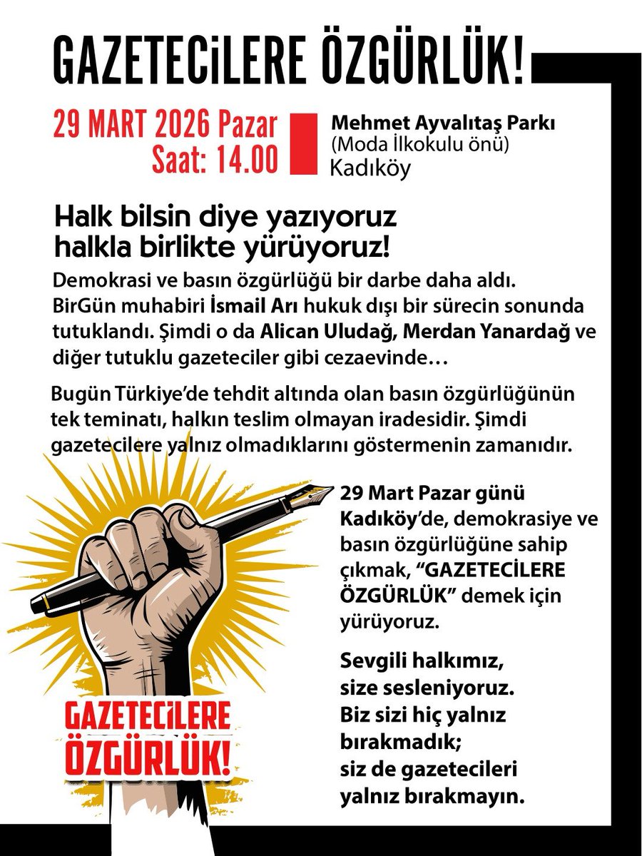 AGOSgazetesi's tweet photo. 📌Gazetecilerden halka çağrı: "Gazetecileri yalnız bırakmayın"

▪️Türkiye’de basın özgürlüğüne yönelik baskılara karşı gazeteciler ve yurttaşlar, 29 Mart Pazar günü Kadıköy’de buluşacak. “Gazetecilere özgürlük” çağrısıyla düzenlenen yürüyüş, saat 14.00’te Mehmet Ayvalıtaş Parkı’ndan başlayacak. Gazeteciler, “Sevgili halkımız, biz sizi hiç yalnız bırakmadık; siz de gazetecileri yalnız bırakmayın” diyerek dayanışma çağrısı yapıyor.

https://t.co/TaACisFUYD
