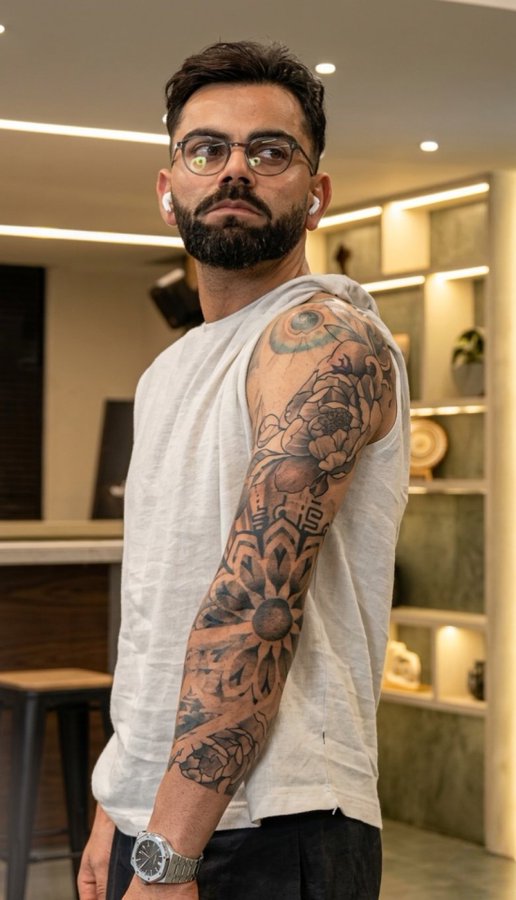 Cute_Aloo's tweet photo. Captain Virat Kohli with his new tattoo. https://t.co/rwozf8Ng0f