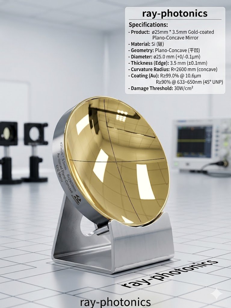 ray_photonics1's tweet photo. Au-Film Coated Si Concave Mirror for CO₂ Laser Applications.
Si concave mirror with Au-film coating (Ø25 mm, R2600) is designed for high-power infrared laser applications,  R≥99% @10.6 μm &amp;R>90%@650nm(45° incidence) with excellent surface quality and durability. https://t.co/aZjYCKCPmI
