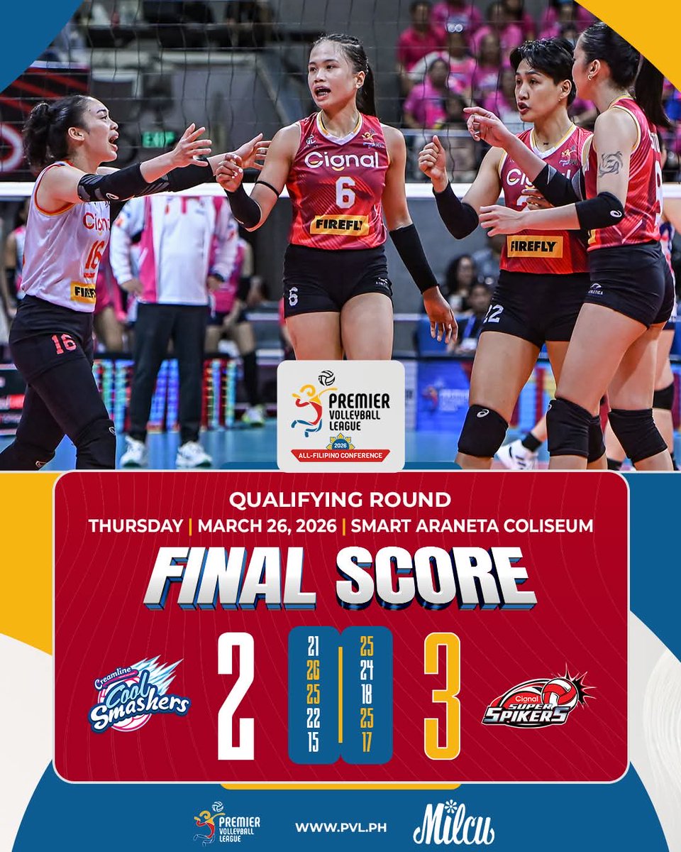 pvlph's tweet photo. SUPER SPIKERS ADVANCE! 📡

⚔️ : CREAMLINE 🍦 vs. CIGNAL 📡

Watch the games on:
📺 : One Sports | One Sports+
📲 : Pilipinas Live
🖥️ : https://t.co/ihdl9Qn3VC

#PVL2026 | #TheHeartOfVolleyball https://t.co/Wc9L74wDrF