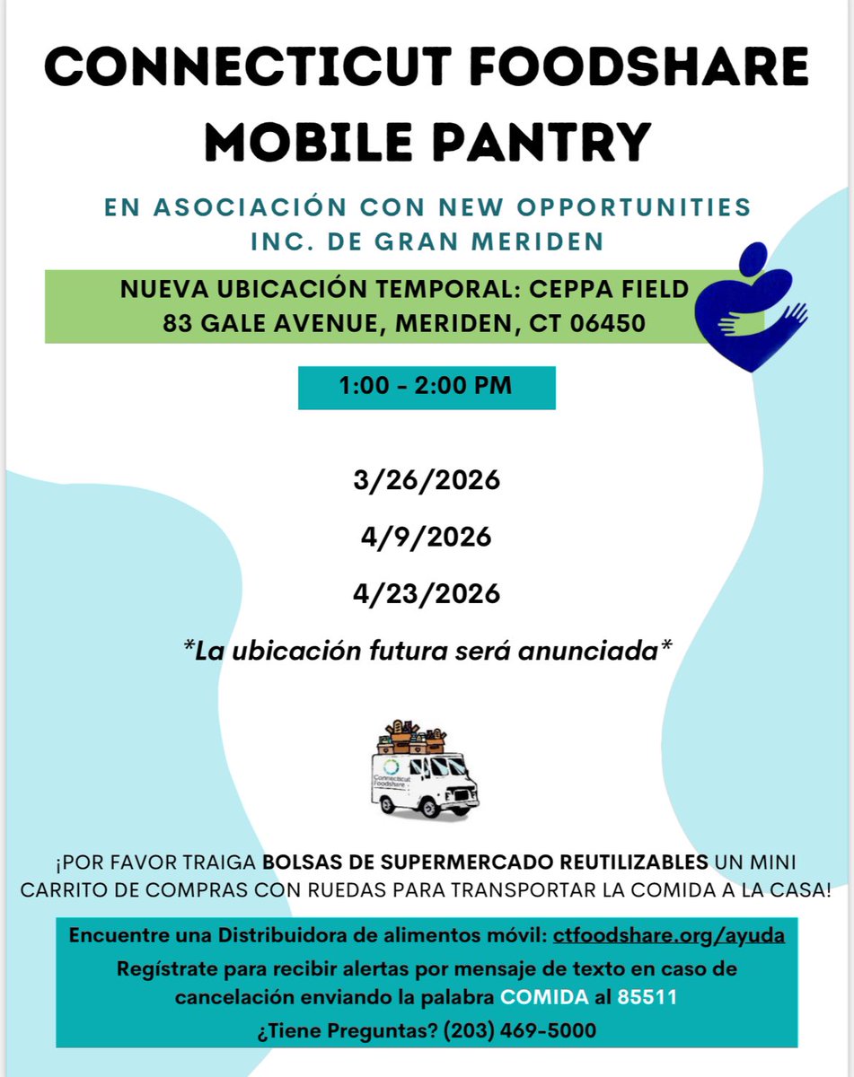 CityofMeriden's tweet photo. The @CTFoodshare Mobile Pantry, that visits Meriden every other Thursday, will remain at their temporary location - Ceppa Field, 83 Gale Avenue, through the month of April. 

PLEASE SHARE https://t.co/hWMRHHA2Vj