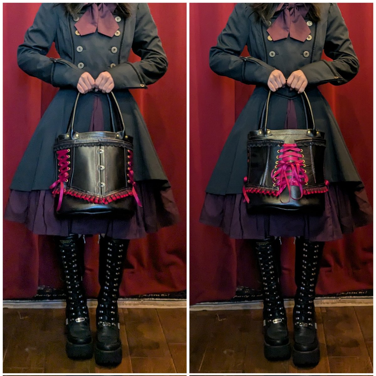 queue_de_chipie's tweet photo. コルセットの編み上げを持ち歩くという、夢のようなコンセプトを形にしたバッグです
​上品なサテンリボンと本革の組み合わせが美しく、マチが広いため、お財布やポーチ、500mlペットボトルなど、イベントや外出に必要なアイテムはしっかり収納できます👜
存在感抜群の一品です！
 #ロリィタ #ゴシック https://t.co/c6i3pxFO0A