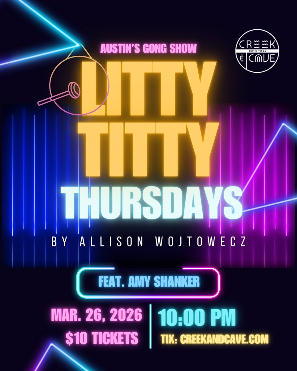 Tonight at The Creek and the Cave! Come start your weekend early with some comedy 🔥 Creek Cave LIVE at 8pm, Litty Titty Thursday with .<a href="/thealliwo/">Allison Wojtowecz</a> &amp; <a href="/amyshanker/">Amy Shanker</a> at 10pm, open mics at 6pm and midnight! Get tickets: creekandcave.com/#shows