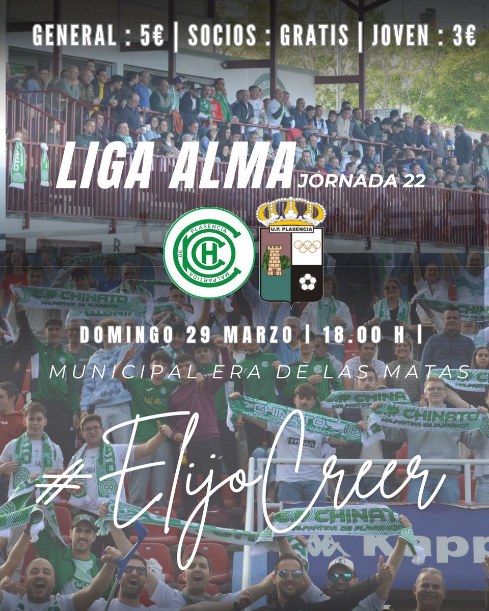 CPChinato's tweet photo. Liga Alma Jornada 22

🎫 𝐄𝐧𝐭𝐫𝐚𝐝𝐚𝐬 𝐚𝐧𝐭𝐢𝐜𝐢𝐩𝐚𝐝𝐚𝐬 𝐲𝐚 𝐚 𝐥𝐚 𝐯𝐞𝐧𝐭𝐚 
• 𝐍𝐨 𝐬𝐨𝐜𝐢𝐨𝐬 ( Oficina del Club  19.00 a 21.00 Ju-Vi )

CP Chinato 🆚 UP Plasencia

⚔️ 5 partidos, 5 finales

🔈Afición, os necesitamos MÁS QUE NUNCA 💚🤍

#ElijoCreer
#SomosChinato https://t.co/o1QnL7sYAl