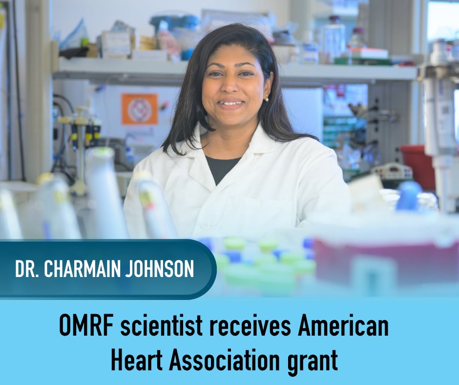 OMRF's tweet photo. OMRF postdoctoral fellow Dr. Charmain Johnson received the @American_Heart Career Development Award, which comes with a research grant funding her study of an autoimmune disease that sometimes results in organ failure.

🫀 Read more: https://t.co/4idhPEY77Q https://t.co/fSUtMfbcLZ