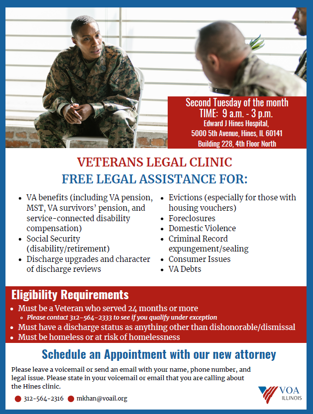 KaneVAC's tweet photo. Veterans Legal Clinic at @HinesVAH on the 2nd Tuesday of the month, provided by @VOAIllinois: https://t.co/E2Ei6fAiAw