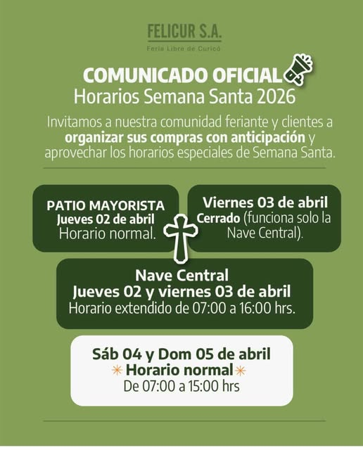 Victor_Curico's tweet photo. #FELICUR CURICÓ INFORMA HORARIOS PARA SEMANA SANTA 2026 EN EL MES DE ABRIL https://t.co/9UFYyenK3Q