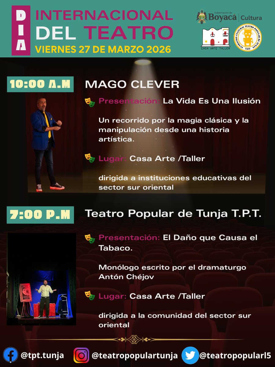teatropopularl5's tweet photo. 🎭Queremos invitarles a celebrar este día tan importante para las artes escénicas, que el oficio en el teatro siga siendo parte vital de la cultura boyacense.

🏛️Presentaciones dentro del Circuito de Funciones en las salas independientes del departamento https://t.co/ydUrmWqm47