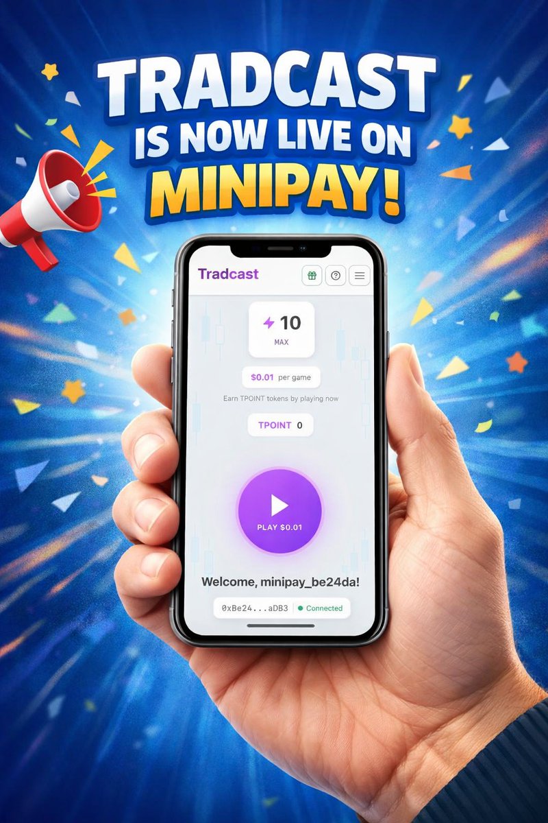 Tradcast_xyz's tweet photo. 🚀 Big News! Tradcast is now live on MiniPay! 🎉

You can now enjoy fast 4-minute leveraged crypto trading sessions directly inside MiniPay.

We would like to thank the @minipay  team, @CeloDevs  and @prezenti_grants  for making this possible🙏 https://t.co/0BmR8zUP9C