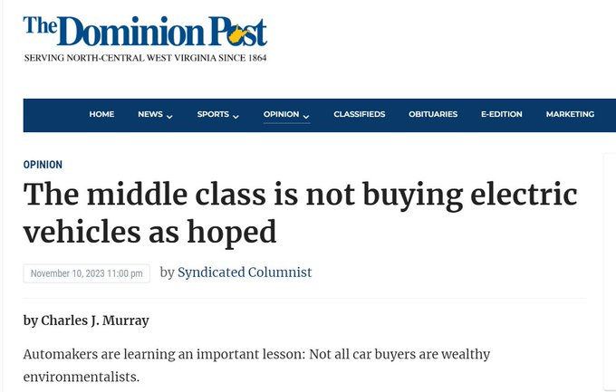 climacritic's tweet photo. La classe media non compra auto elettriche come si pensava.   

I costruttori di auto stanno facendo una scoperta:    

Una volta esauriti i ricchi ambientalisti, non sanno più a chi vendere auto elettriche. https://t.co/RbCUyUkFu4