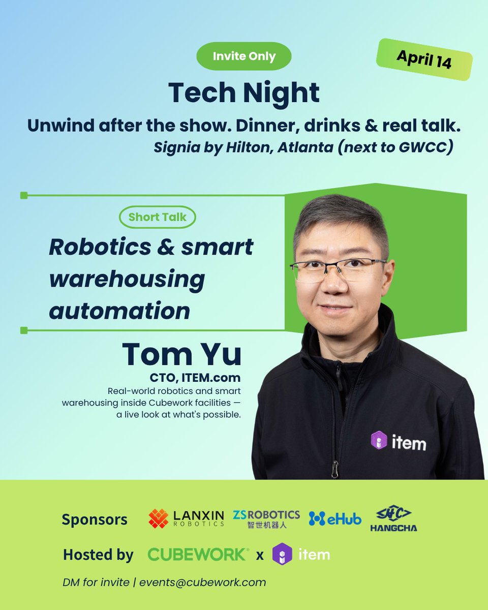 Smart warehousing isn't a future state — it's already running, and we're ready to show you.

We're excited to welcome Tom Yu, CTO of ITEM.com, as a speaker at Tech Night — a private dinner hosted by ITEM × Cubework on April 14 in Atlanta.

If you're in town for