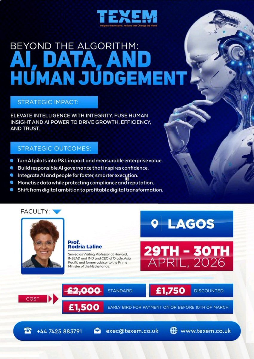 Texem_UK's tweet image. Beyond the Algorithm: AI, Data and Human Judgement
A high-level TEXEM executive programme designed to strengthen strategic thinking, sharpen decision quality, and build confidence where it matters most at the point of decision. texem.co.uk/beyond-the-alg…⁠
#AILeadership