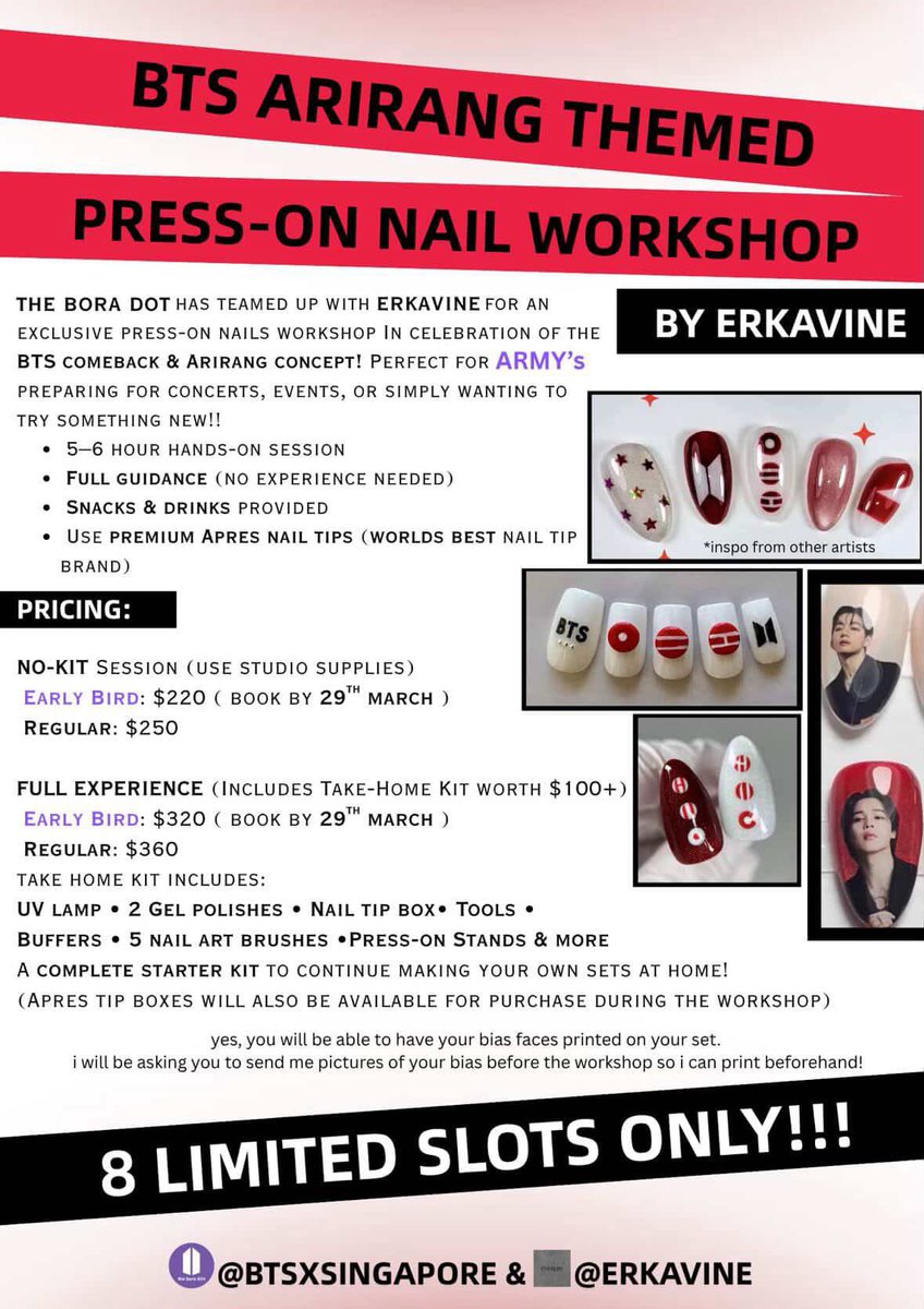 erkavine's tweet photo. ARMY, this one’s for you!  
im hosting a BTS Arirang-inspired Nail Experience Workshop where you get to create your own themed press-on set from scratch. i will personally help you embed and code your nail to any link ,whether it’s your favourite BTS song! ONLY 6 SLOTS LEFT!💜 https://t.co/WxSFSEfP0q