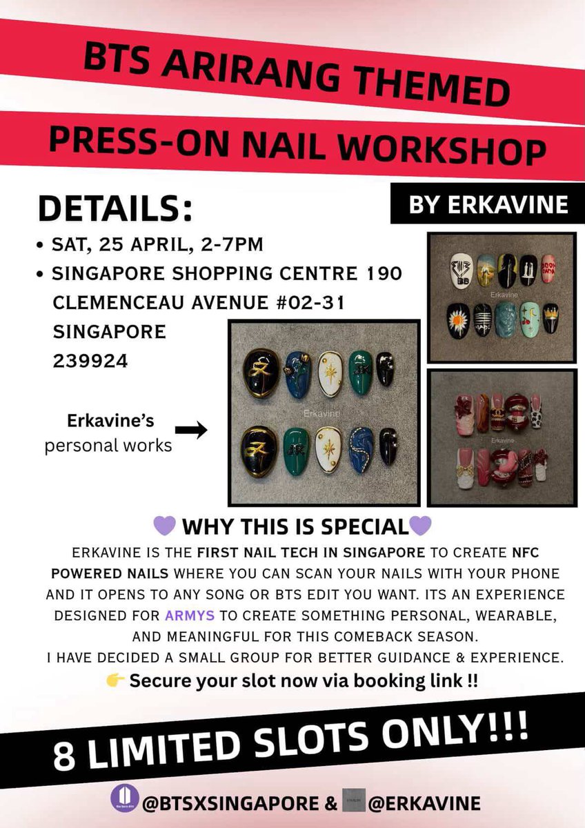 erkavine's tweet photo. ARMY, this one’s for you!  
im hosting a BTS Arirang-inspired Nail Experience Workshop where you get to create your own themed press-on set from scratch. i will personally help you embed and code your nail to any link ,whether it’s your favourite BTS song! ONLY 6 SLOTS LEFT!💜 https://t.co/WxSFSEfP0q