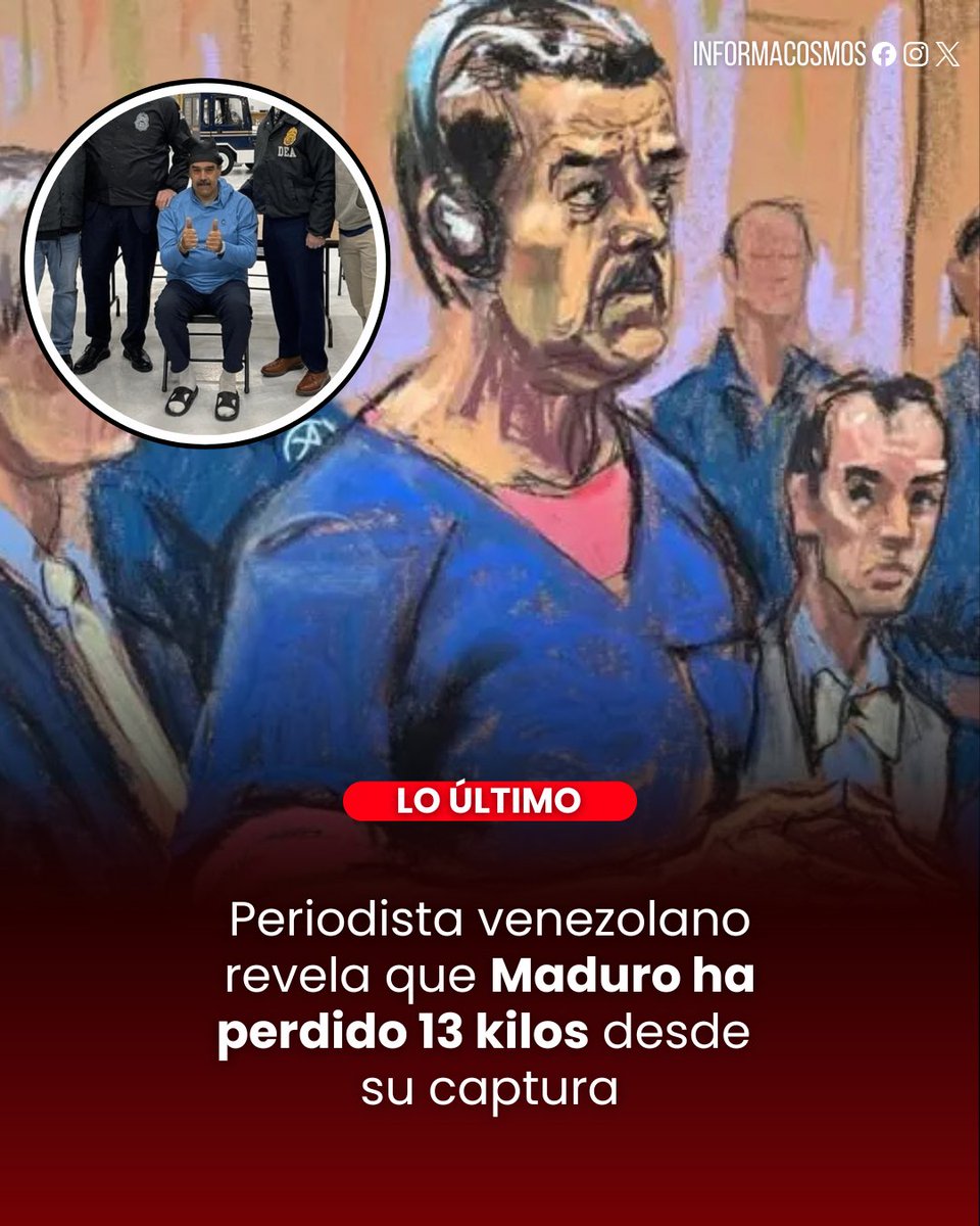 InformaCosmos's tweet photo. 🇻🇪 LO ÚLTIMO: El periodista David Placer informó que Nicolás Maduro habría perdido 13 kilos desde su detención el 3 de enero de 2026, tras casi tres meses bajo custodia en Estados Unidos.

Según fuentes no reveladas citadas por el comunicador, el exmandatario presenta un cambio físico notable mientras enfrenta un proceso judicial en ese país.

"Me informan que Nicolás Maduro ha perdido 13 kilos desde que entró en prisión el 3 de enero. En pocas horas lo veremos de nuevo con un cambio físico importante", escribió en su cuenta de X.

Maduro fue capturado en Caracas y trasladado a EE.UU., donde enfrenta cargos federales.
