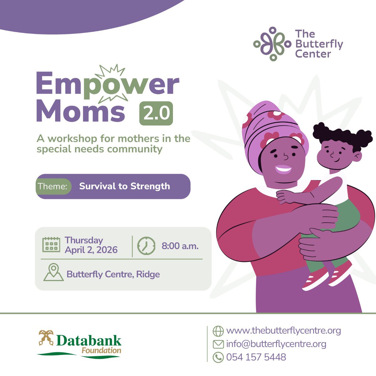 ButterflySenta's tweet photo. 🌸 You are invited to the 2nd Edition of the EmpowerMoms Conference, taking place on 2nd April at 8:00 AM at the Purple Butterfly Centre, Ridge.

This year’s theme, “Survival to Strength,” is dedicated to supporting mothers on their journey toward greater resilience, https://t.co/Z1B6ZvJ7ah