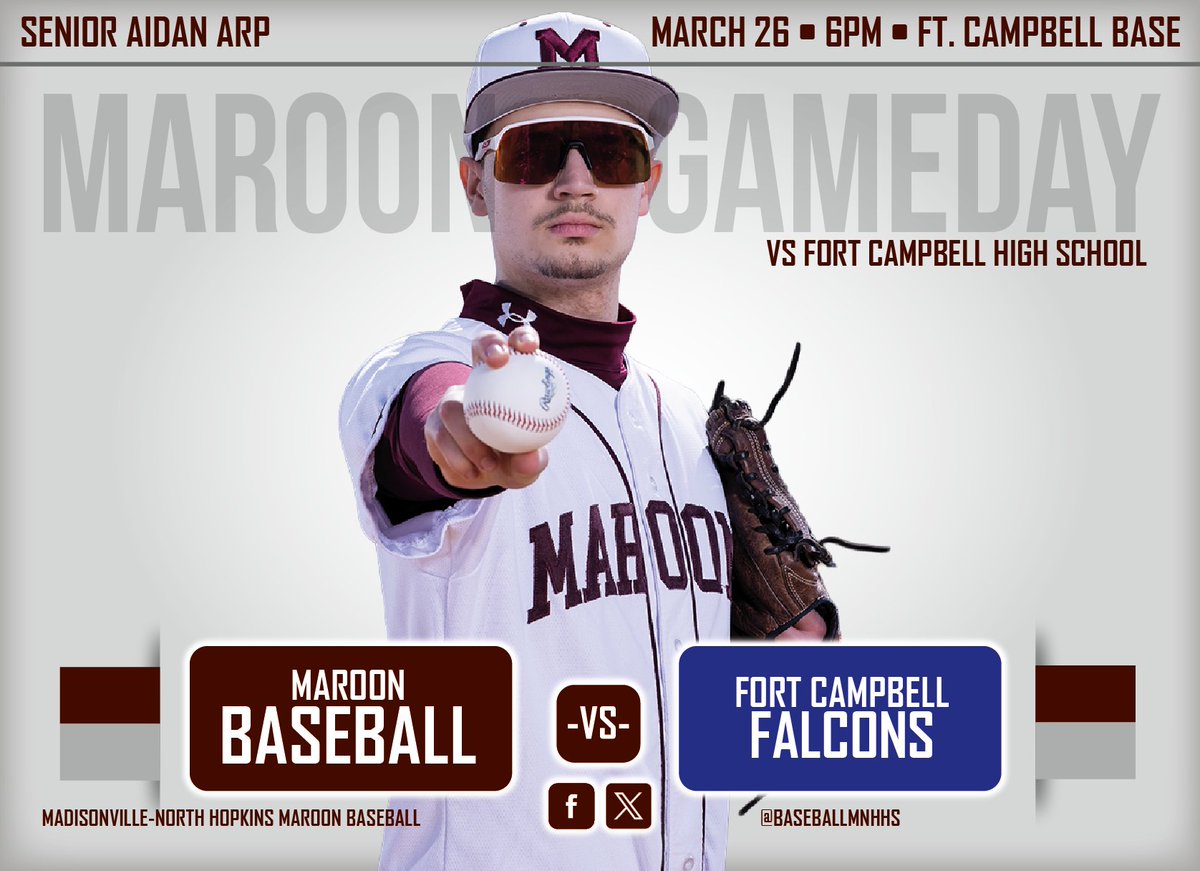 BaseballMnhhs's tweet photo. IT'S GAME DAY!!!
⚾️ MAROONS VS FORT CAMPBELL
📍 Fort Campbell
🏟️ Fort Campbell Baseball Field
🕕 6pm Game Time https://t.co/wfjNc2NqVm