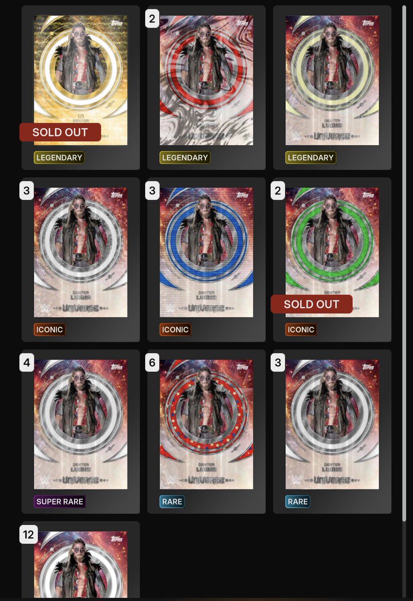 WrestlingTradi2's tweet image. Over on the @ToppsSLAM app, I’ve built up one of the largest @DexterWWE card collections. Super happy to own this entire rainbow of Lumis for Topps Universe - err, “Lumiverse”. 😎 #wrestlingcards #toppsslam
