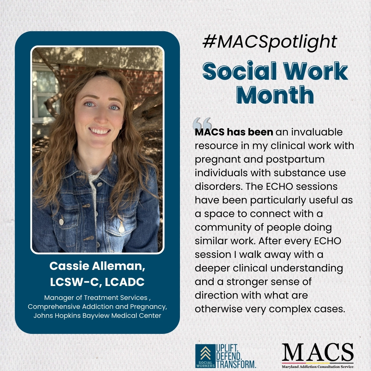 Maryland_MACS's tweet image. Our #SocialWorkMonth series is wrapping up!

Cassie Alleman, LCSW-C, LCADC, and Hailey Lape Kerschner, LCSW-C, support pregnant and postpartum individuals through the complexities of recovery.

Thank you to all the social workers who provide life-changing care.

#BehavioralHealth