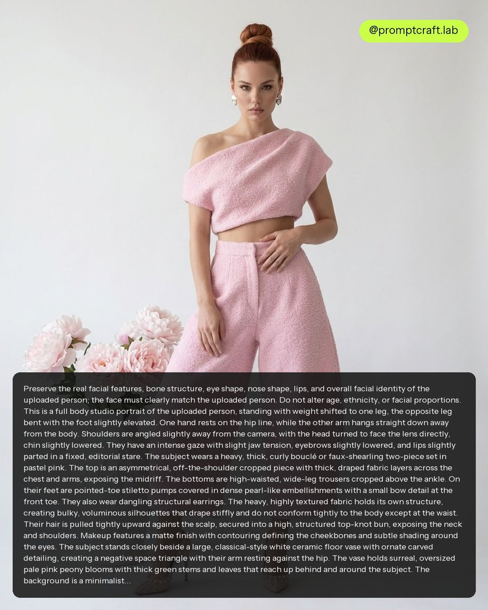 PromptcraftLab's tweet image. Pink perfection! This AI-generated look is so chic. Grab this prompt for chic studio portraits. #AIFashion #StudioPortrait
