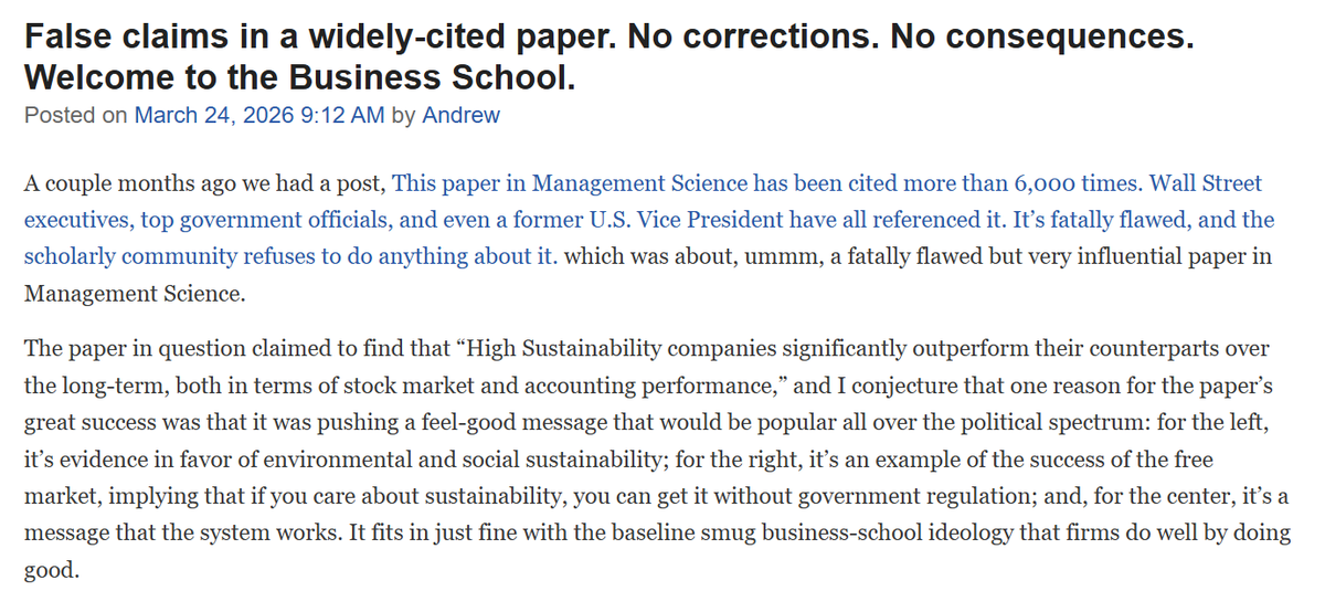 Andrew King continues to fight the good fight against scientific misconduct. 

Andrew Gelman recently posted about his struggles to correct the record on Eccles, Ioannou, and Serafeim (2014)  an enormously influential paper on the financial returns from ESG. 

The comments show