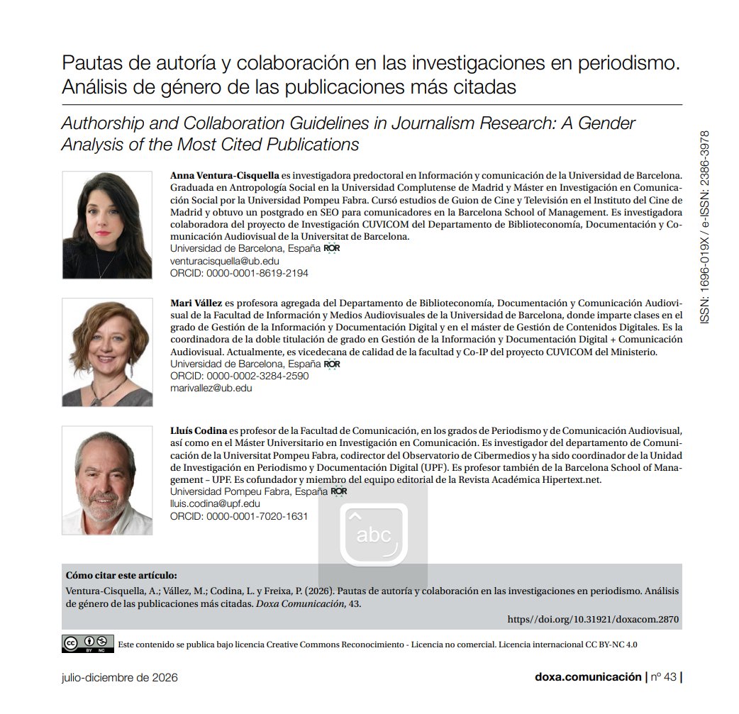 cuvicom's tweet photo. 📢 Nueva Publicación CUVICOM

“Pautas de autoría y colaboración en las investigaciones en periodismo. Análisis de género de las publicaciones más citadas”, de @cisquella  @mvallez, Lluís Codina y  Pere Freixa

🔗@doxacom: https://t.co/RzSntIlvsA https://t.co/bKEKPXqb7S