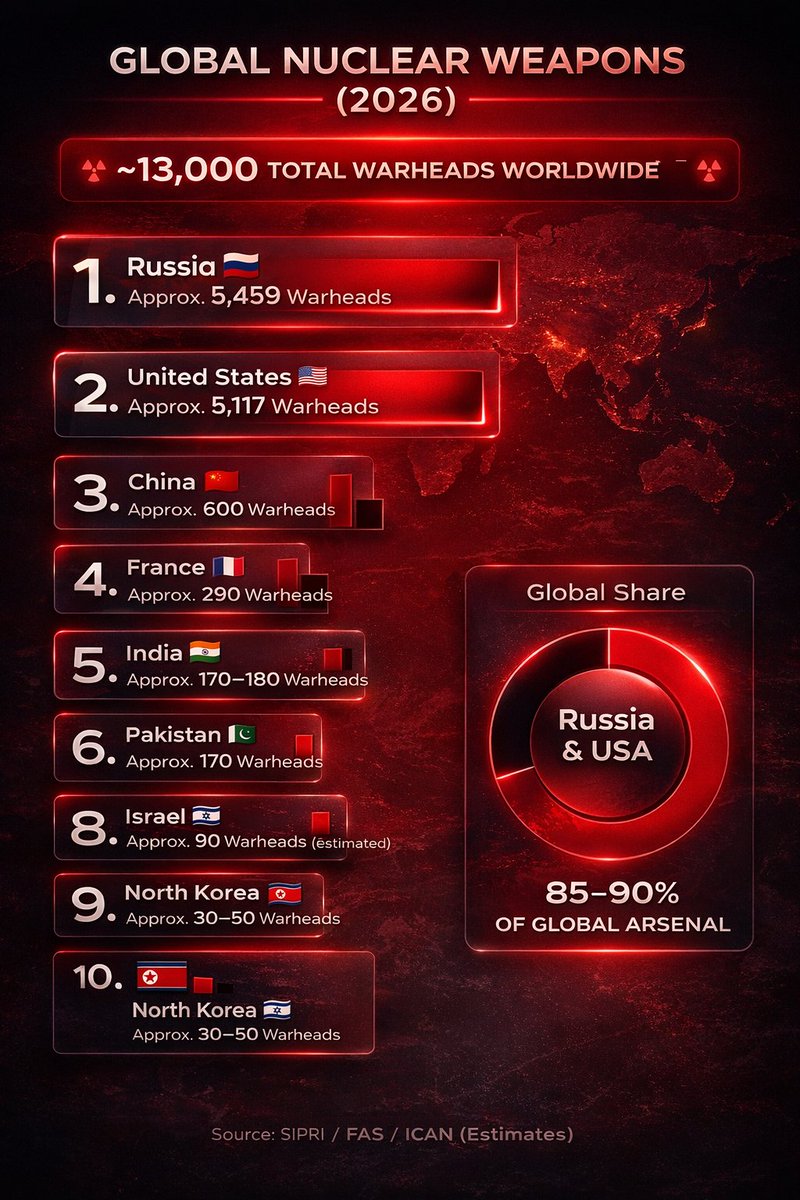 socialcircle01's tweet photo. Top 10 countries - Nuclear Weapons (2026) https://t.co/6Rtv5LfnGf