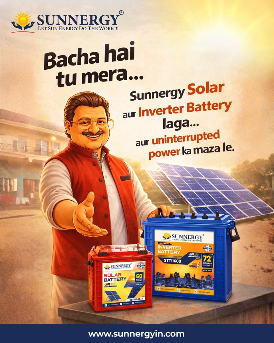 Sunnergyin's tweet photo. Power cut? No tension 😌
Switch to Sunnergy 🔋☀️

#Sunnergy #SolarBattery #InverterBattery #Dhurandhar2‌ https://t.co/Z7OLPTv5M4