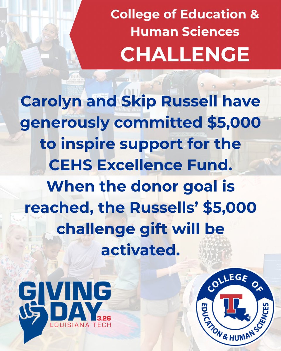 LATechCEHS's tweet photo. Today is #LATechGivingDay! 

We have a special challenge supporting CEHS. Your gift — no matter the size — helps us invest in the students, faculty, and staff who are transforming the human experience every day.

Click the link below to give!
https://t.co/Wtmv9jW8sc https://t.co/2aqZCMDm1L